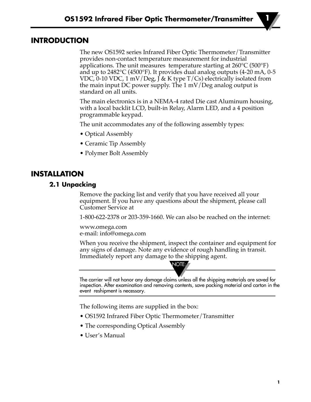 Omega Engineering OS1592 manual Introduction, Installation, Unpacking 