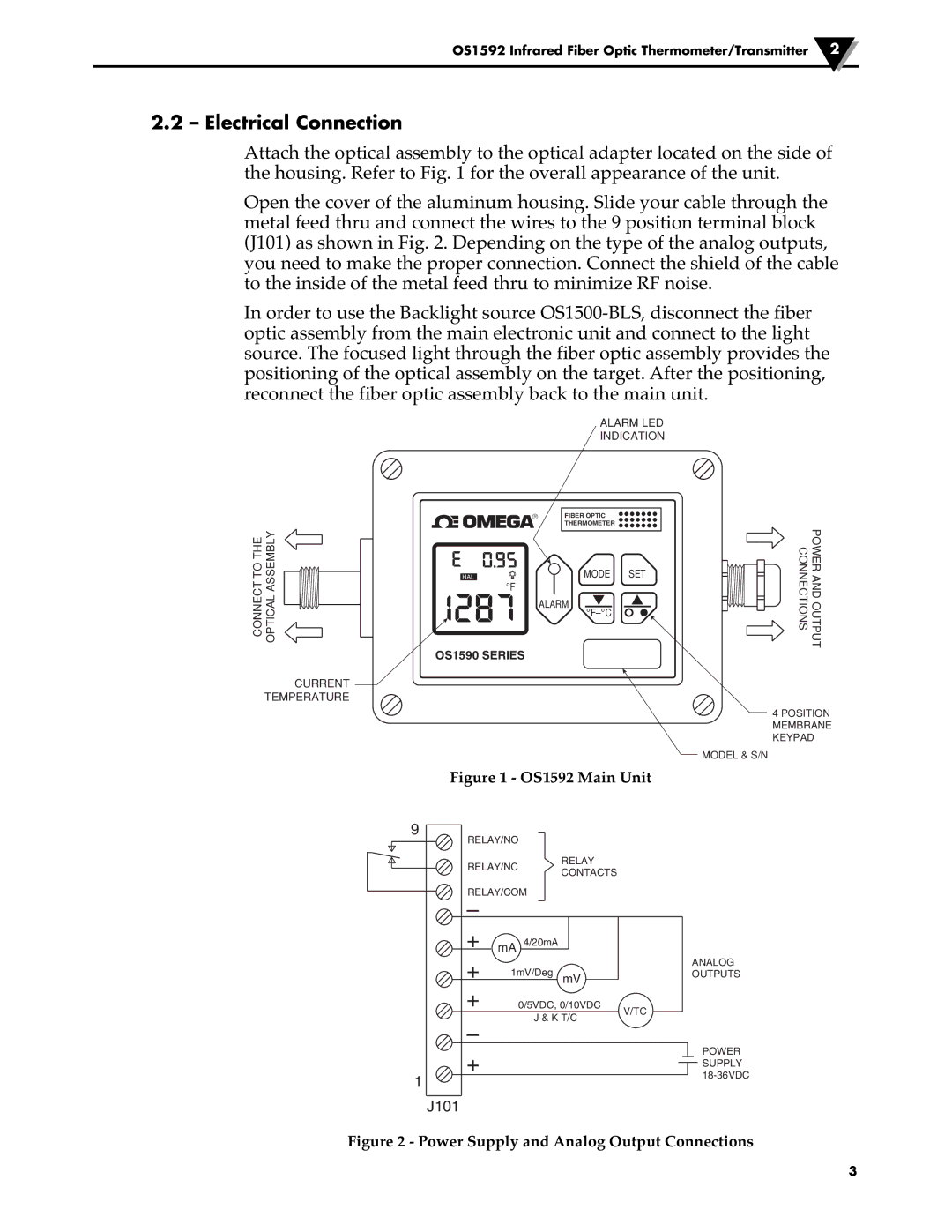 Omega Engineering OS1592 manual Electrical Connection, OS1590 Series 