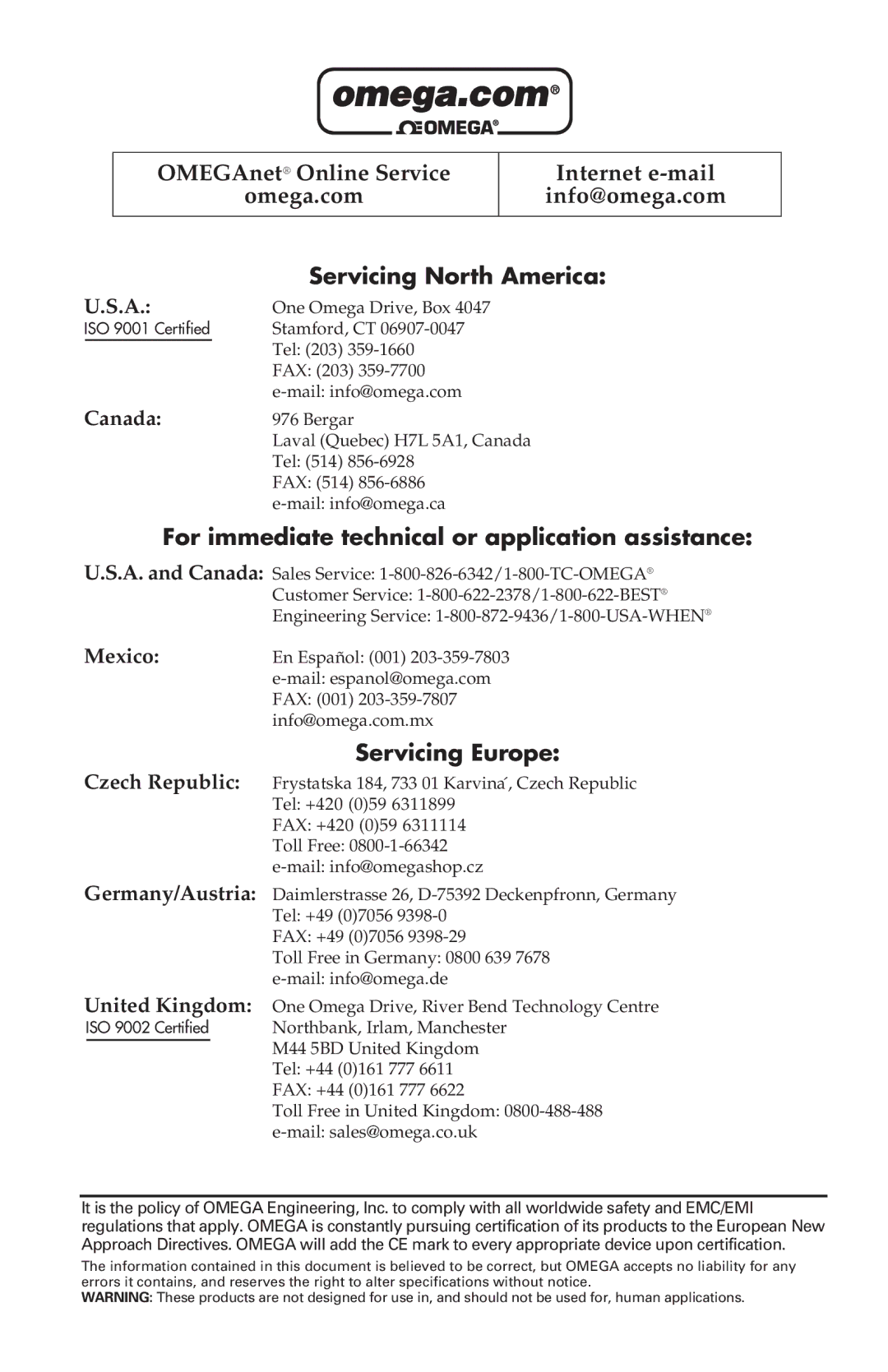 Omega Engineering OS53X-CF Servicing North America, For immediate technical or application assistance, Servicing Europe 