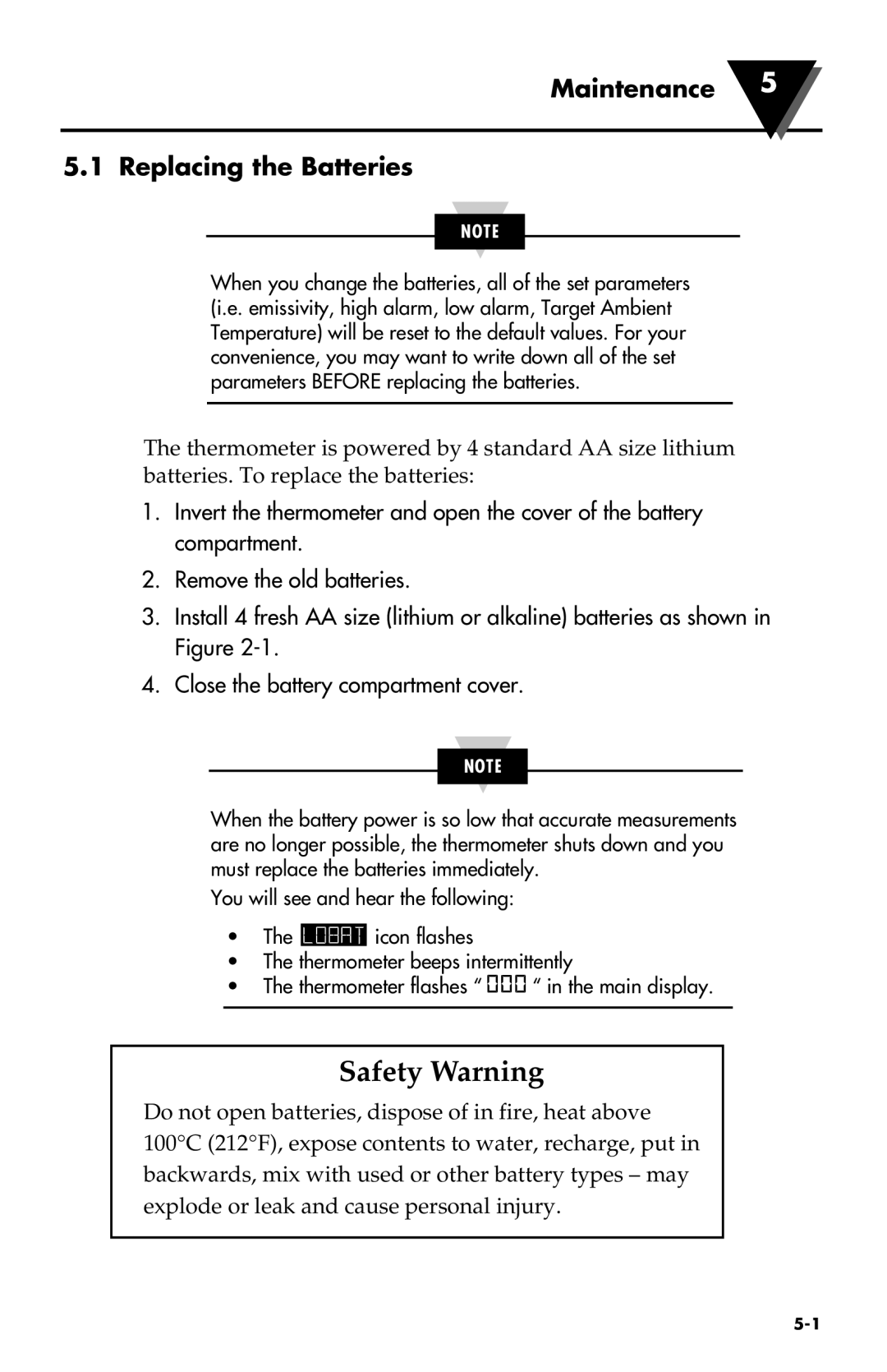 Omega Engineering OS523, OS530HR, OS531, OS53X-CF, OS524, OS533, OS532 manual Safety Warning, Maintenance Replacing the Batteries 