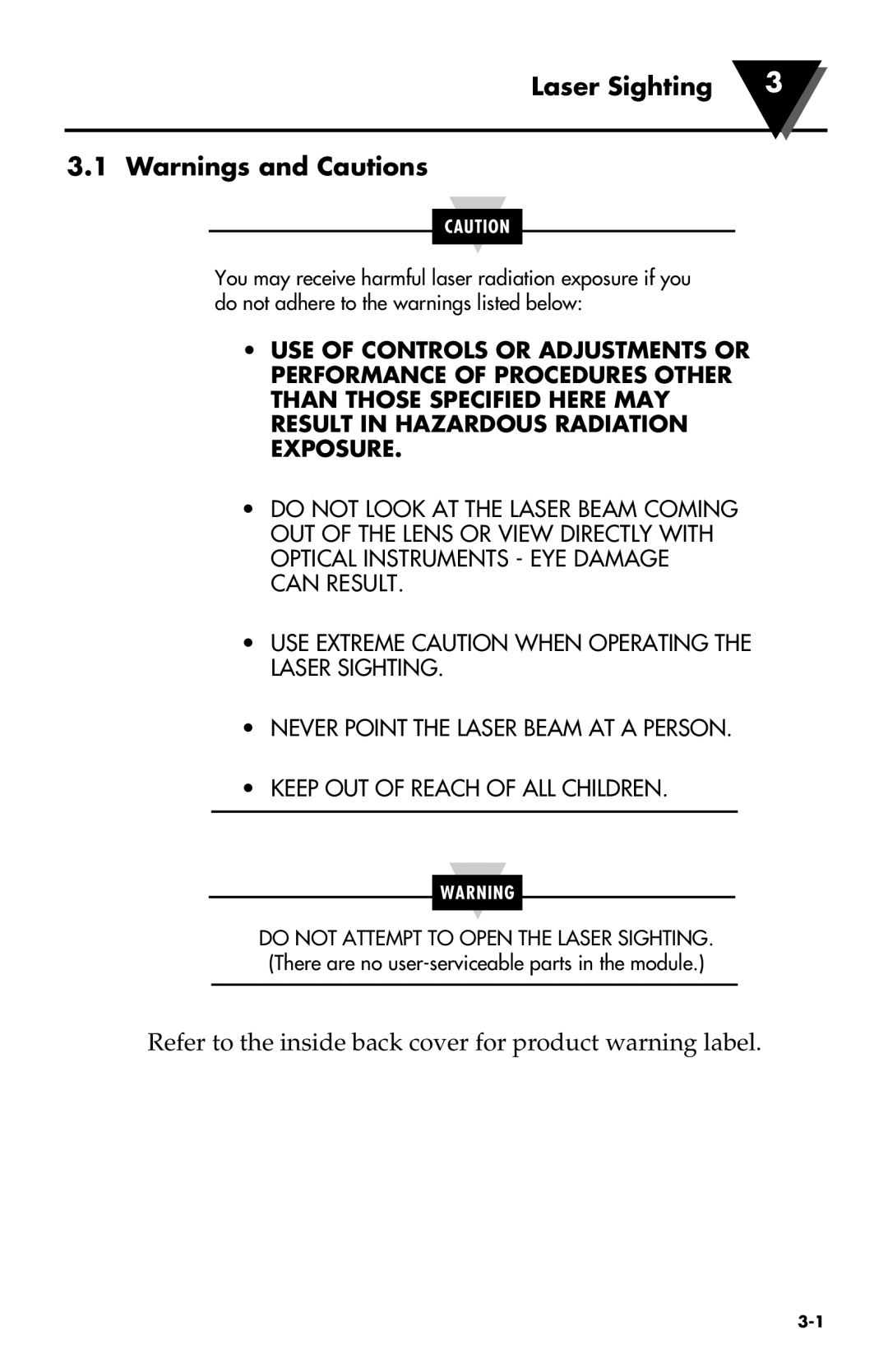 Omega Engineering OS531 Laser Sighting, Warnings and Cautions, Refer to the inside back cover for product warning label 