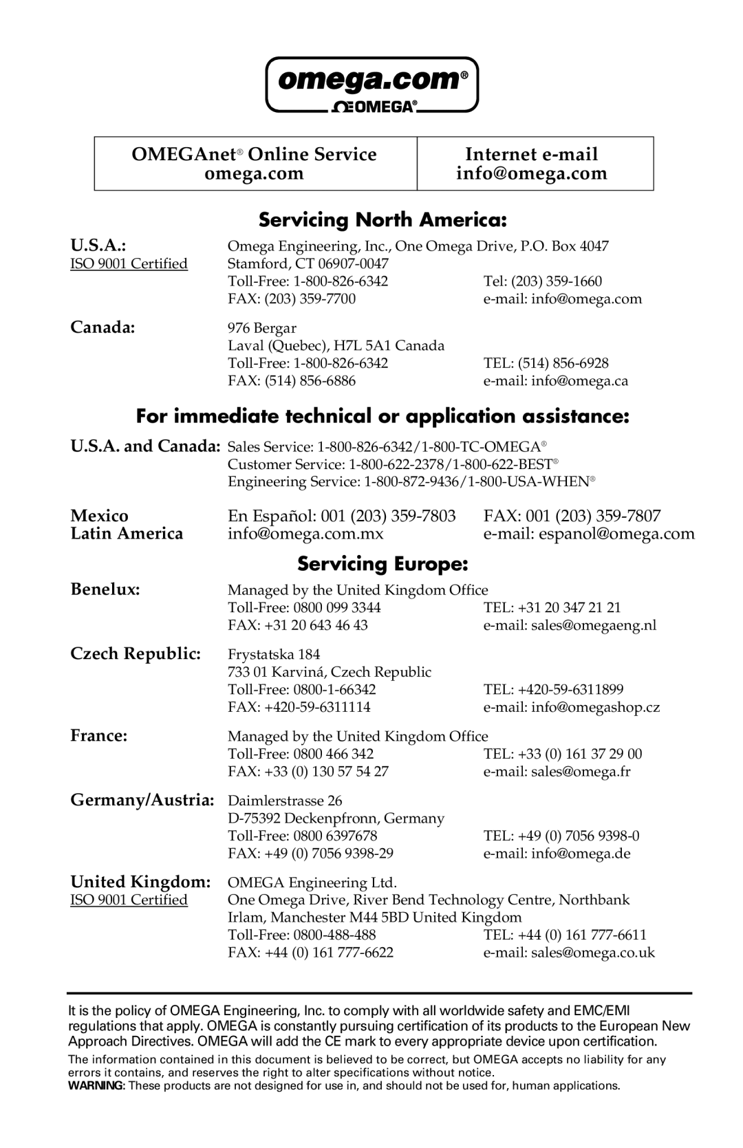 Omega Engineering OS533E manual Servicing North America 