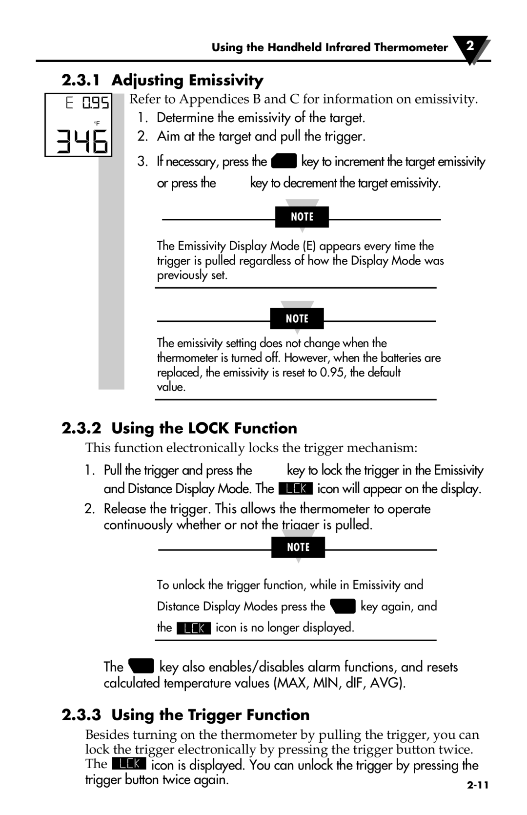 Omega Engineering OS533E manual Adjusting Emissivity, Using the Lock Function, Using the Trigger Function 