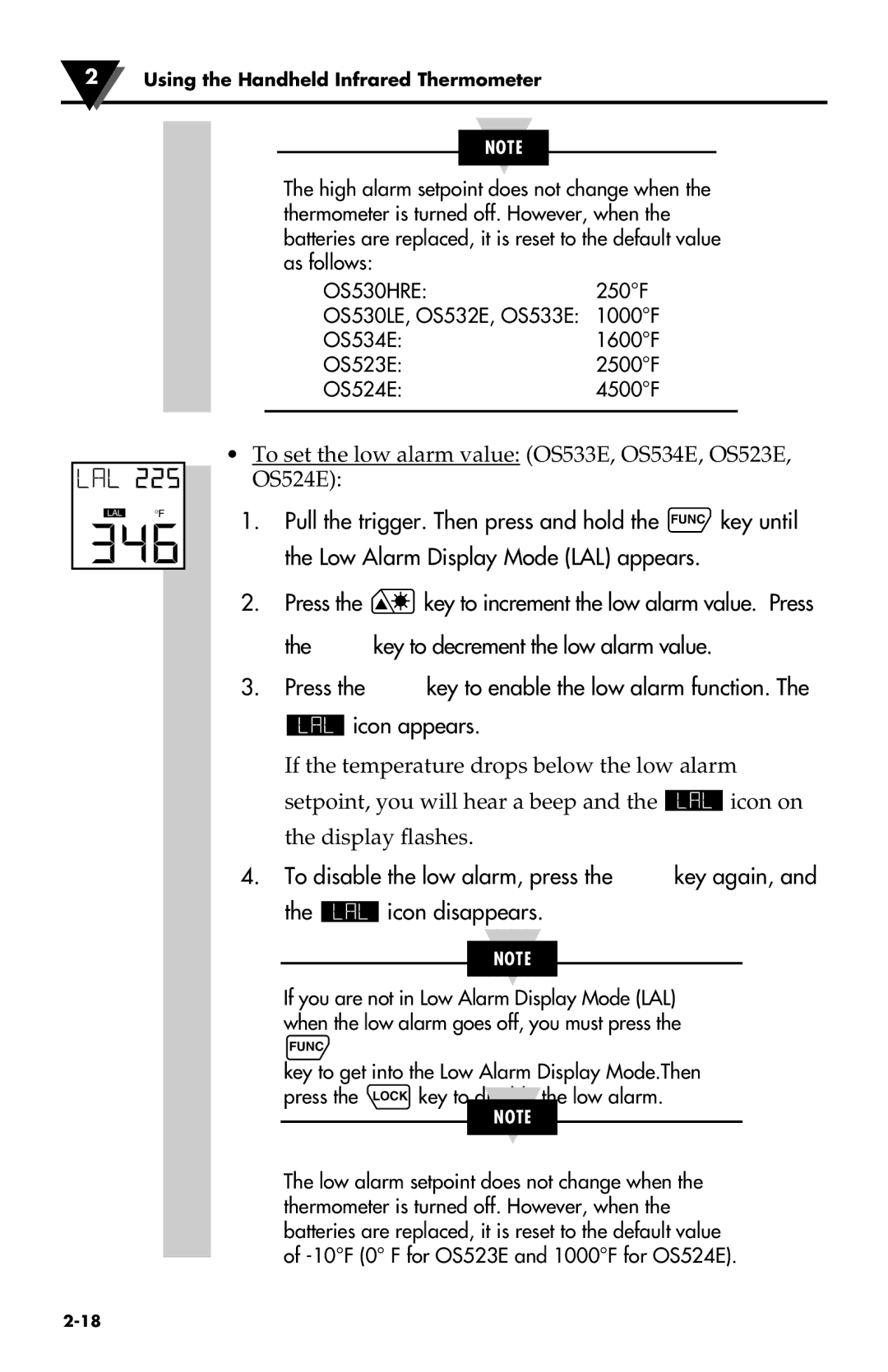 Omega Engineering manual To set the low alarm value OS533E, OS534E, OS523E, OS524E 