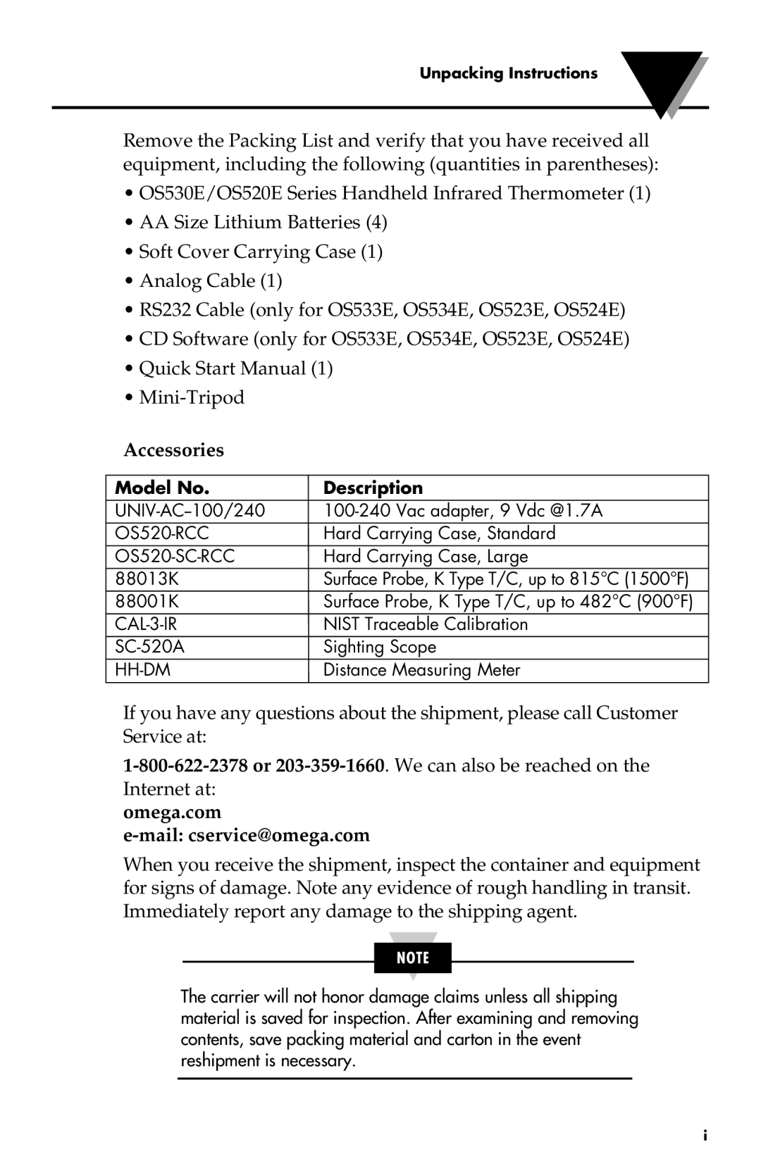 Omega Engineering OS533E manual Accessories 