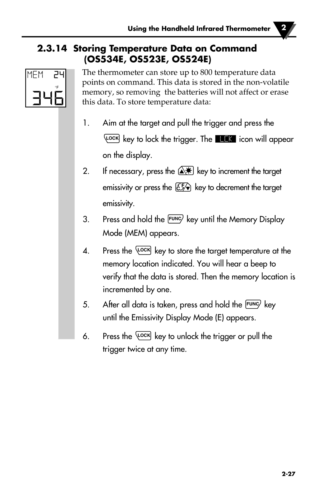 Omega Engineering OS533E manual Storing Temperature Data on Command OS534E, OS523E, OS524E 