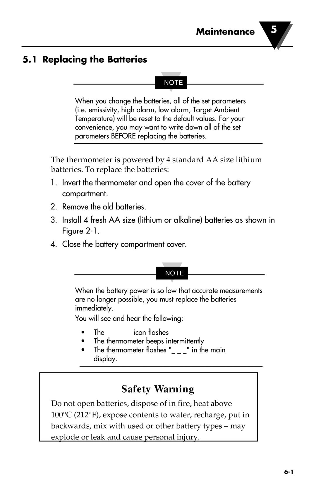 Omega Engineering OS533E manual Safety Warning, Maintenance Replacing the Batteries 