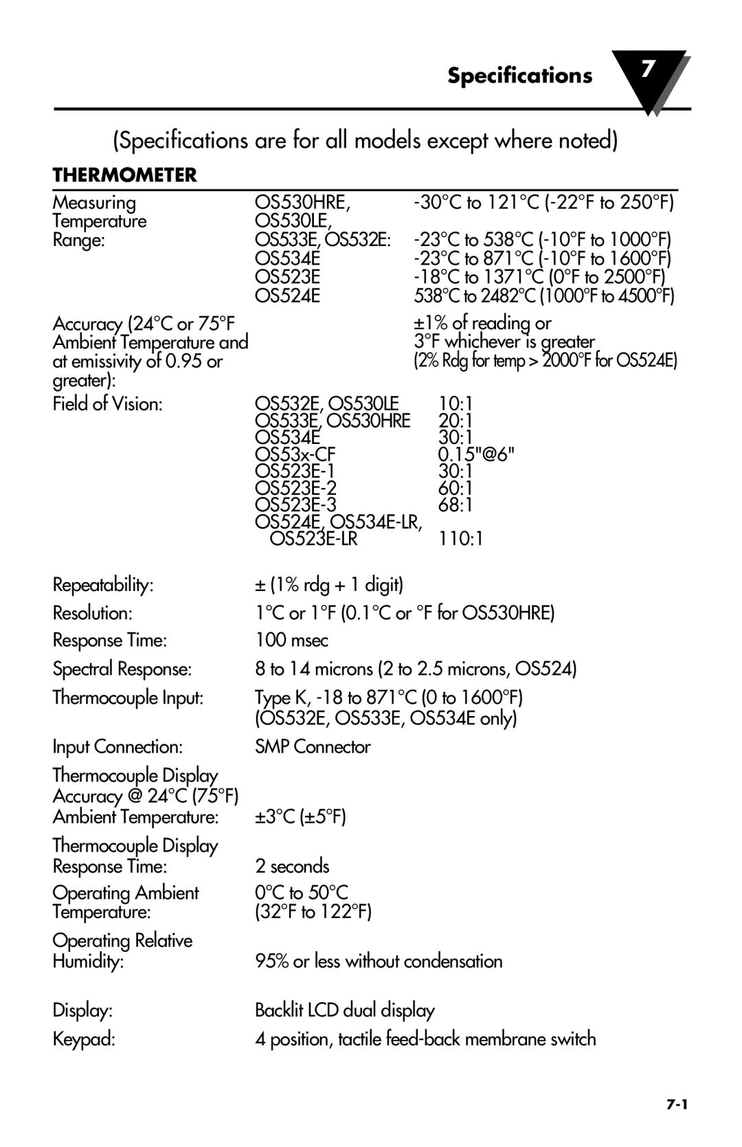 Omega Engineering OS533E manual Specifications are for all models except where noted 