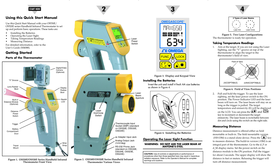 Omega Engineering OS524E, OS534E, OS530HRE Parts of the Thermometer, Taking Temperature Readings, Installing the Batteries 