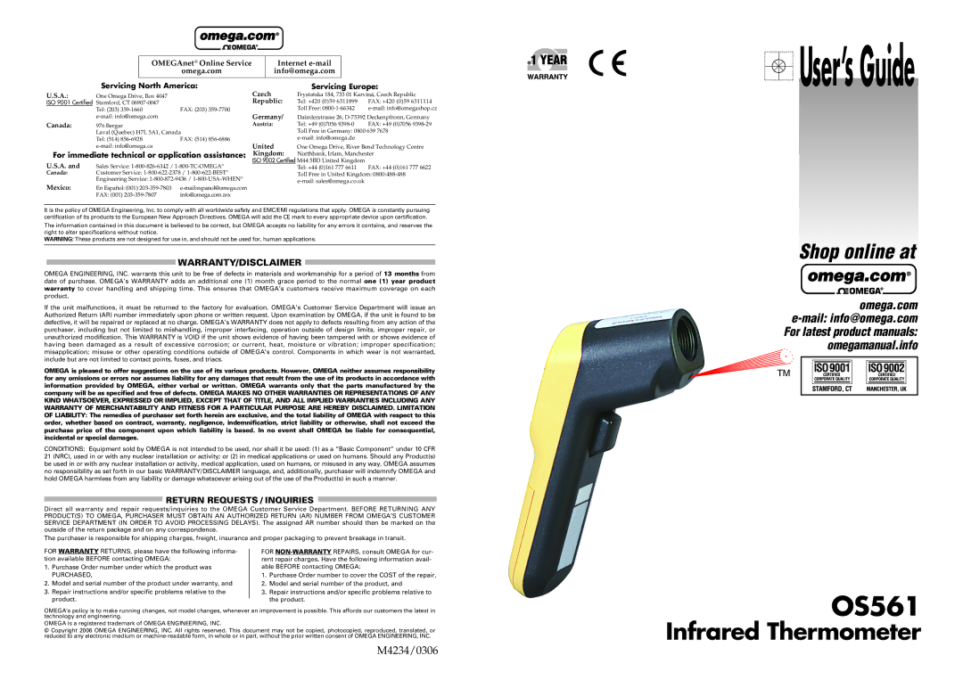 Omega Engineering OS561 warranty Servicing North America, For immediate technical or application assistance 