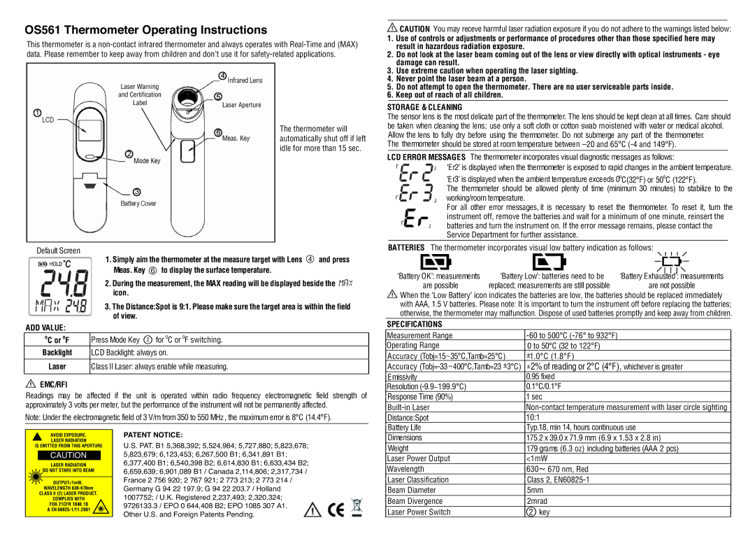 Omega Engineering OS561 warranty ADD Value, Emc/Rfi, Storage & Cleaning, Specifications 