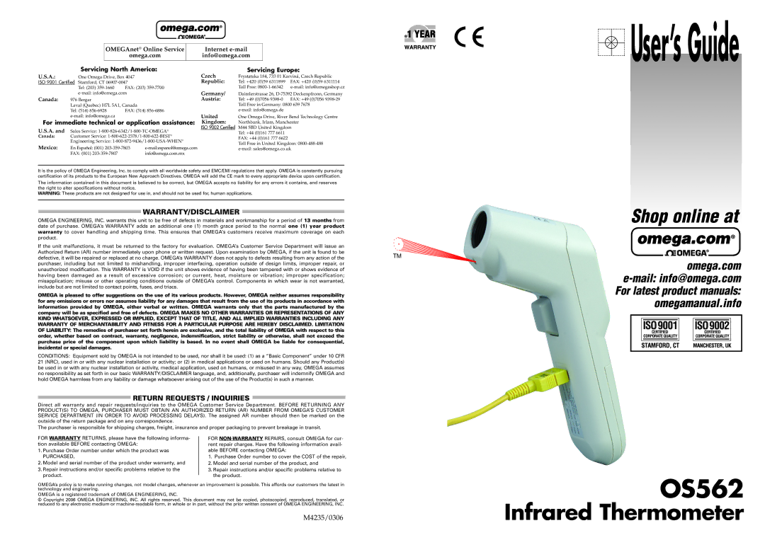 Omega Engineering OS562 warranty Servicing North America, For immediate technical or application assistance 