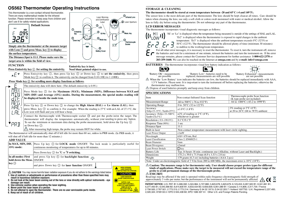 Omega Engineering OS562 warranty Storage & Cleaning, LCD Error Messages, Function, ADD Value, Specifications, Emc/Rfi 