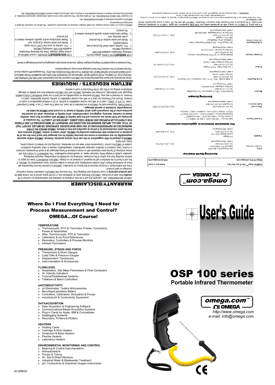 Omega Engineering OSP100 Series warranty Temperature, PRESSURE, Strain and Force, Flow/Level, Dataacquisition, Heaters 