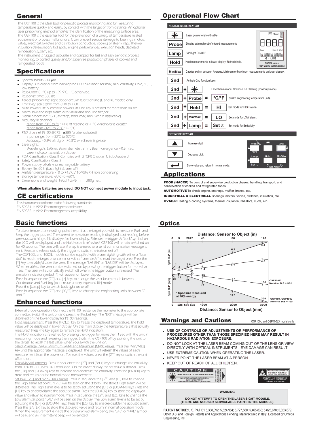 Omega Engineering OSP100 Series warranty General, Specifications, CE certifications, Operational Flow Chart, Applications 