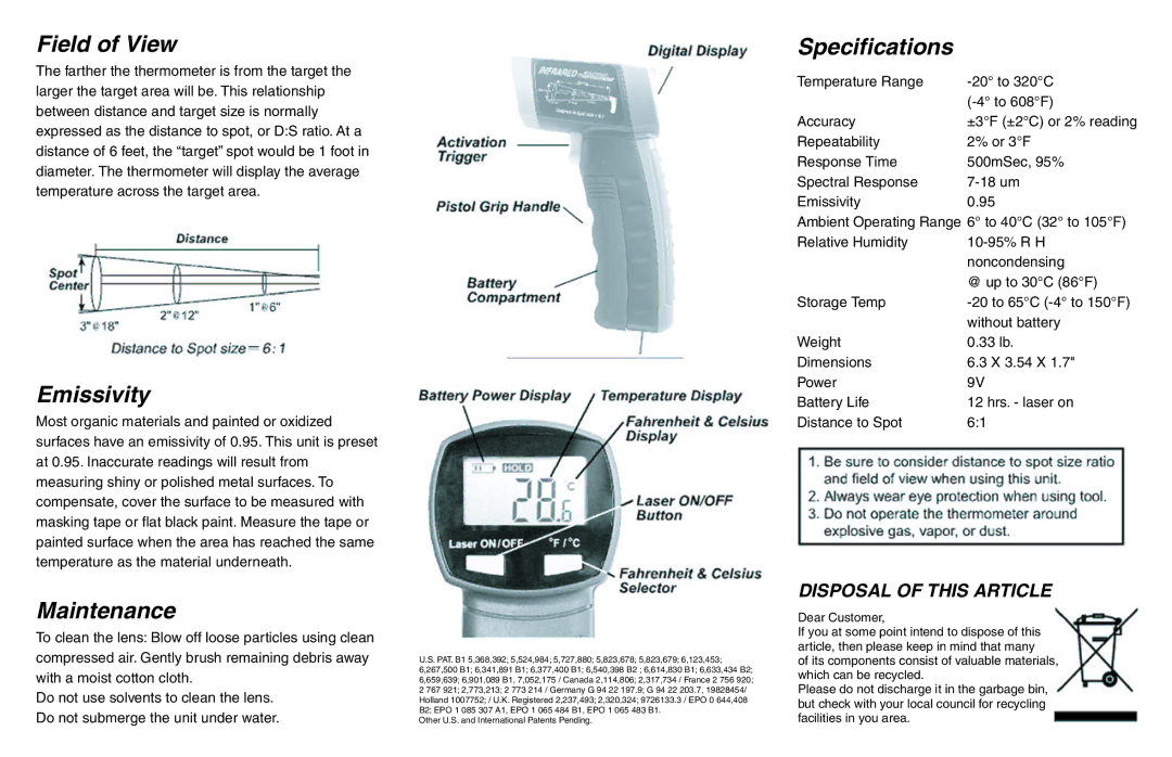 Omega Engineering OSXL450 manual Field of View, Emissivity, Maintenance, Specifications 