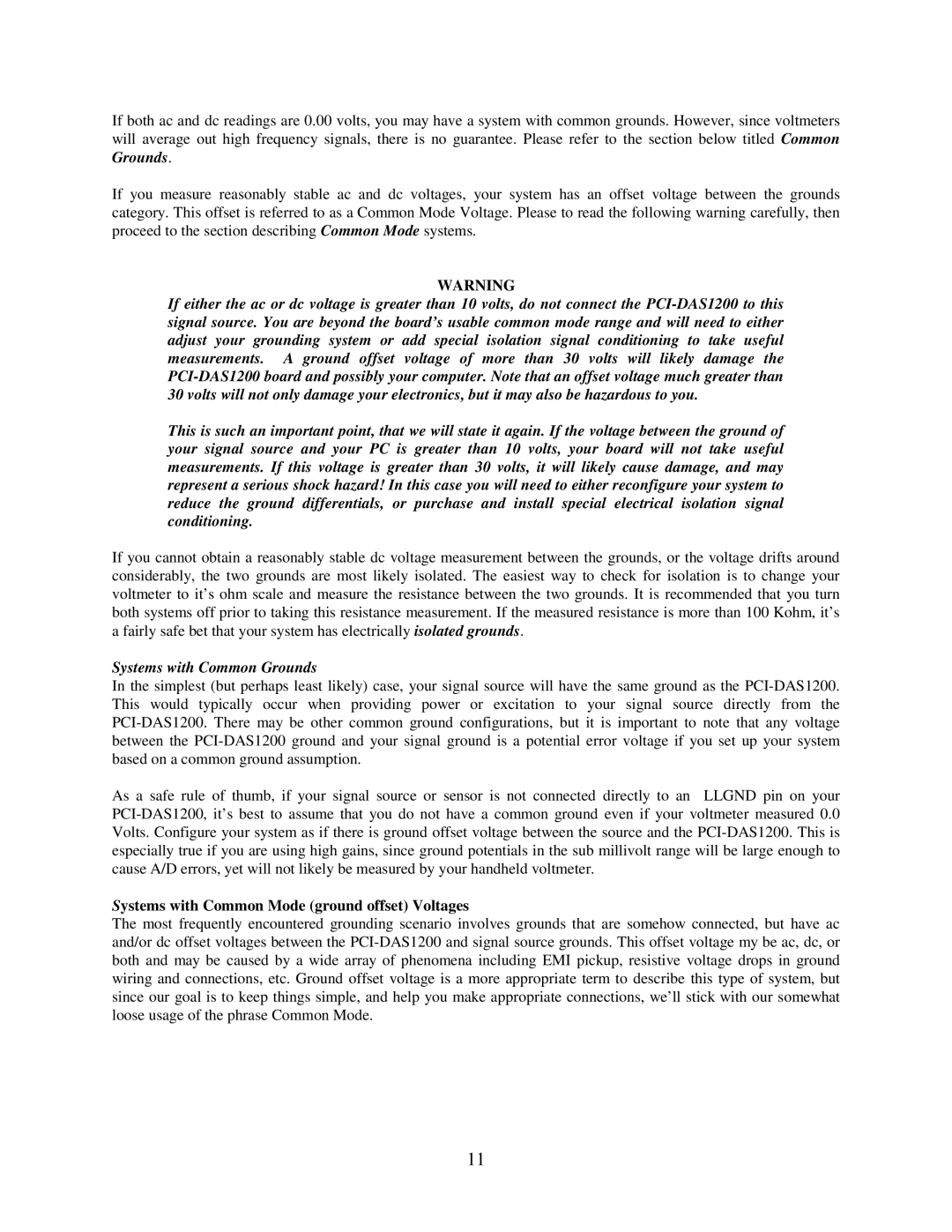 Omega Engineering PCI-DAS1200 manual Systems with Common Grounds, Systems with Common Mode ground offset Voltages 