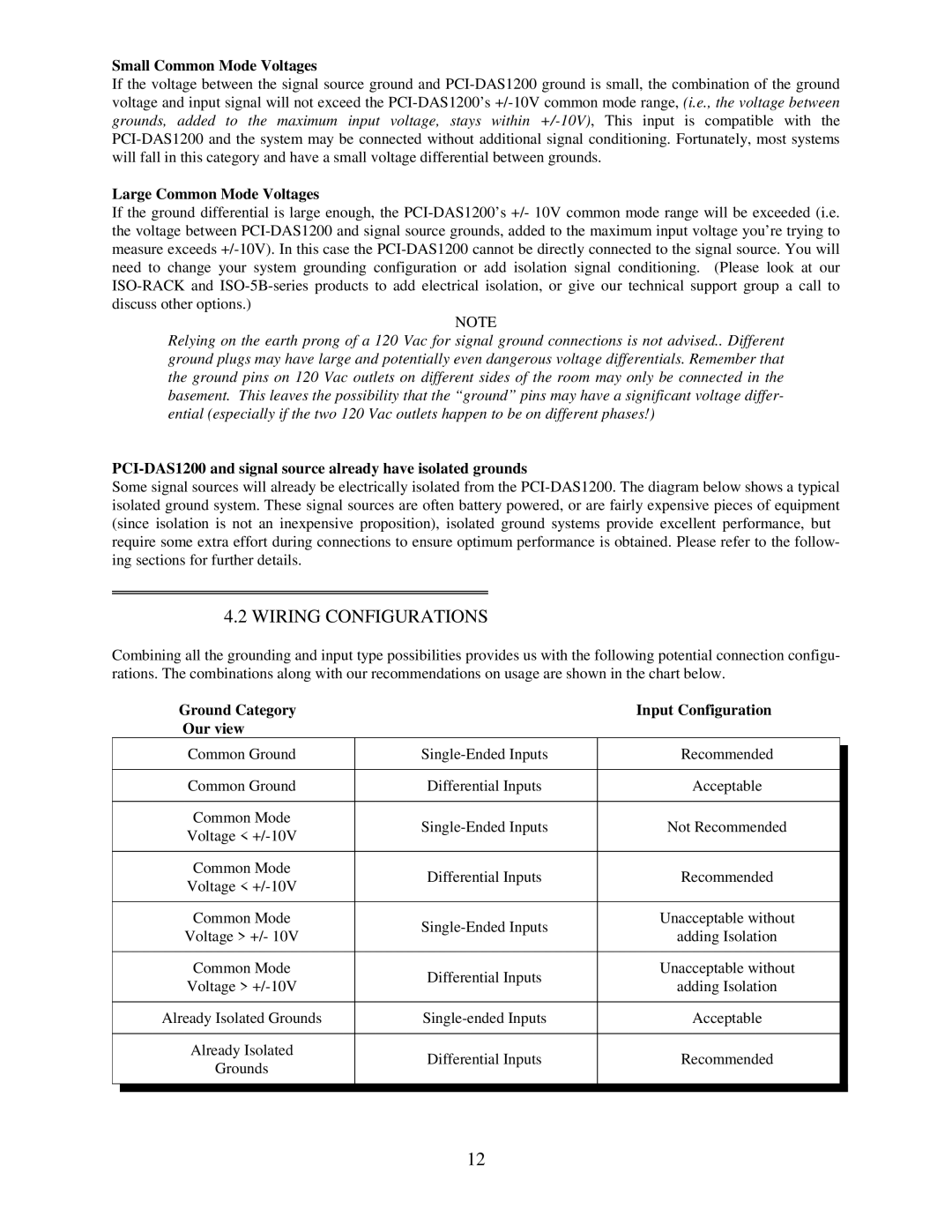 Omega Engineering PCI-DAS1200 manual Wiring Configurations, Small Common Mode Voltages, Large Common Mode Voltages 