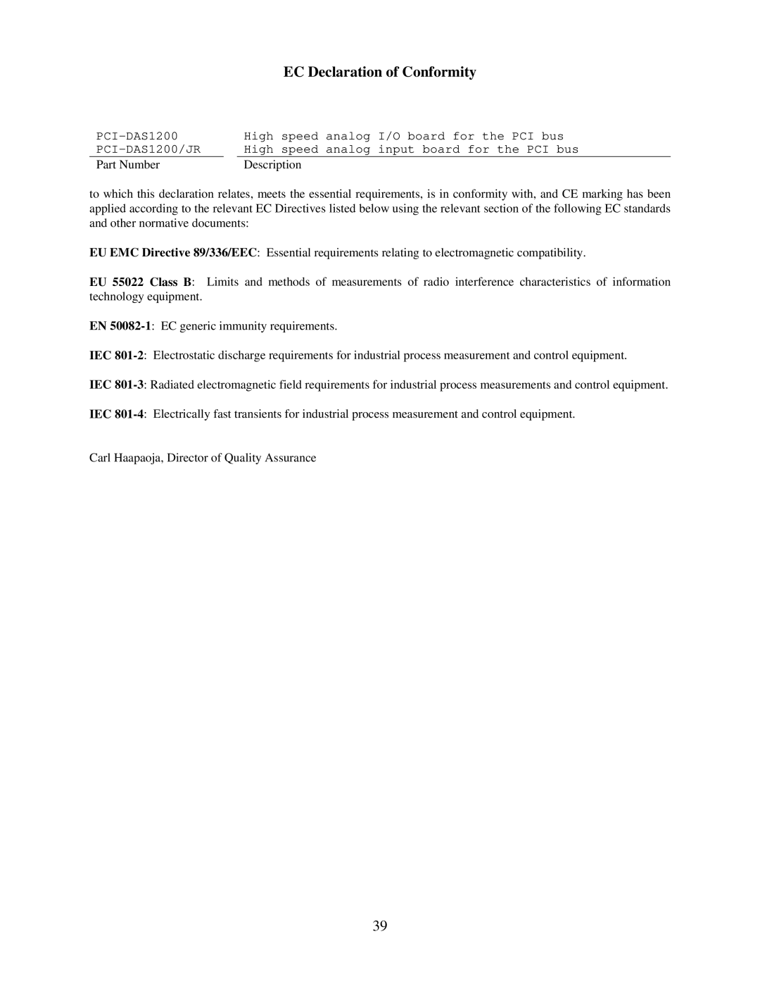 Omega Engineering PCI-DAS1200 manual EC Declaration of Conformity 