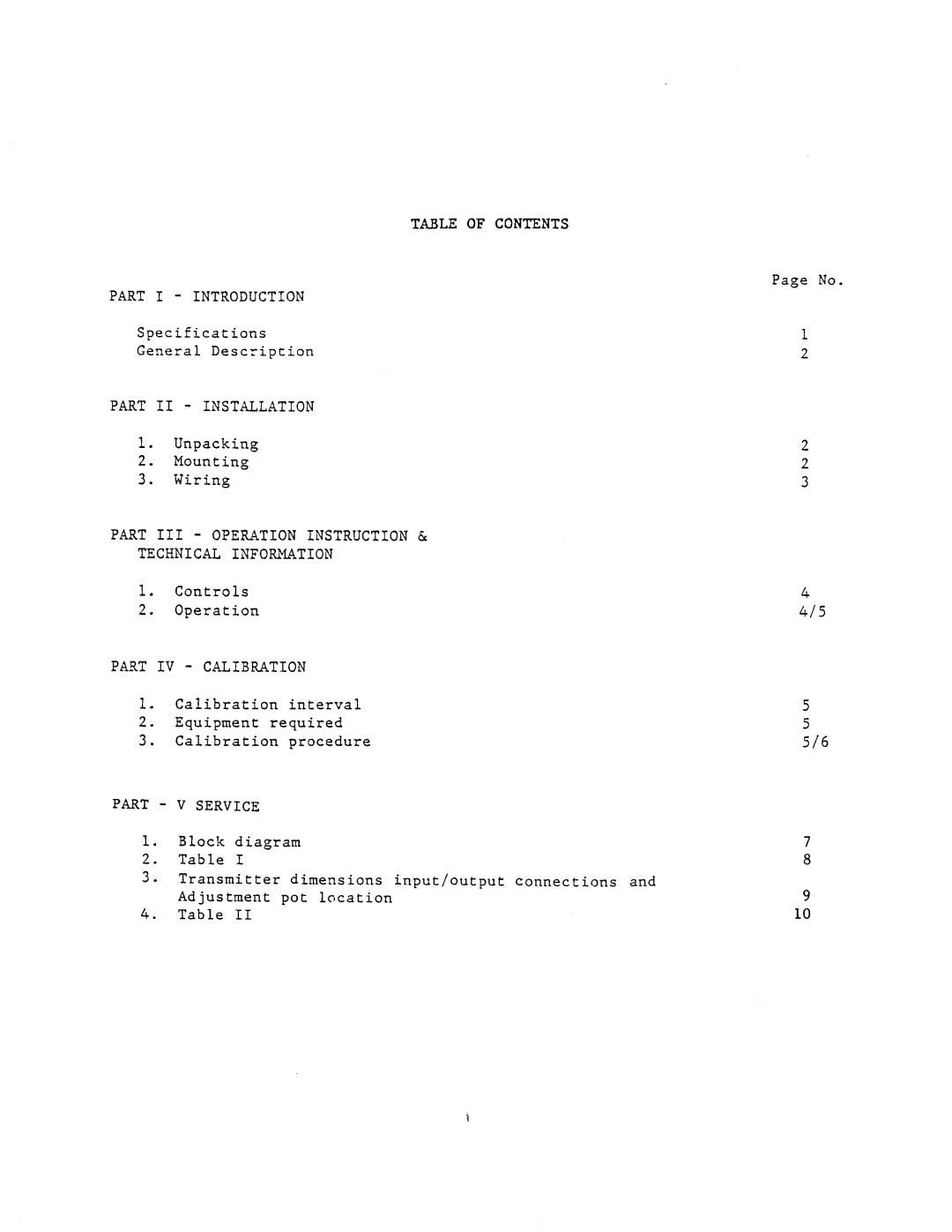 Omega Engineering PHTX-11 Table of Contents Part I Introduction, Part II Installation, Part IV Calibration, Part V Service 