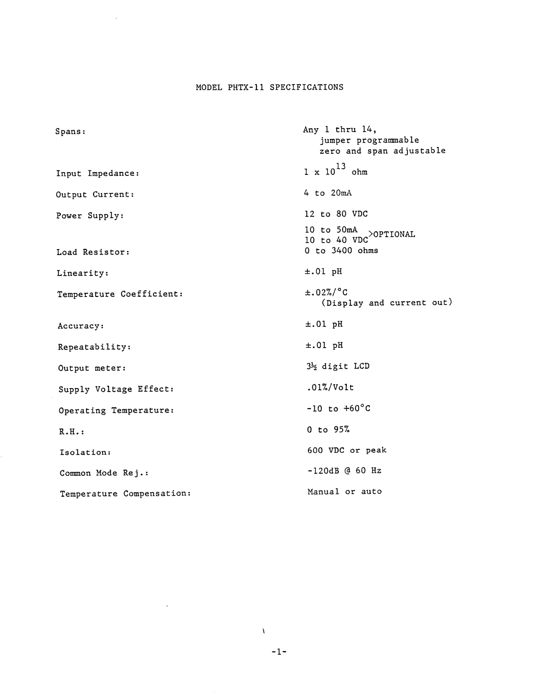 Omega Engineering manual Model PHTX-11 Specifications 