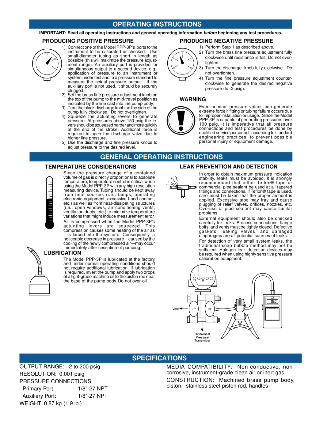 Omega Engineering PPP3P Producing Positive Pressure Producing Negative Pressure, Temperature Considerations, Lubrication 