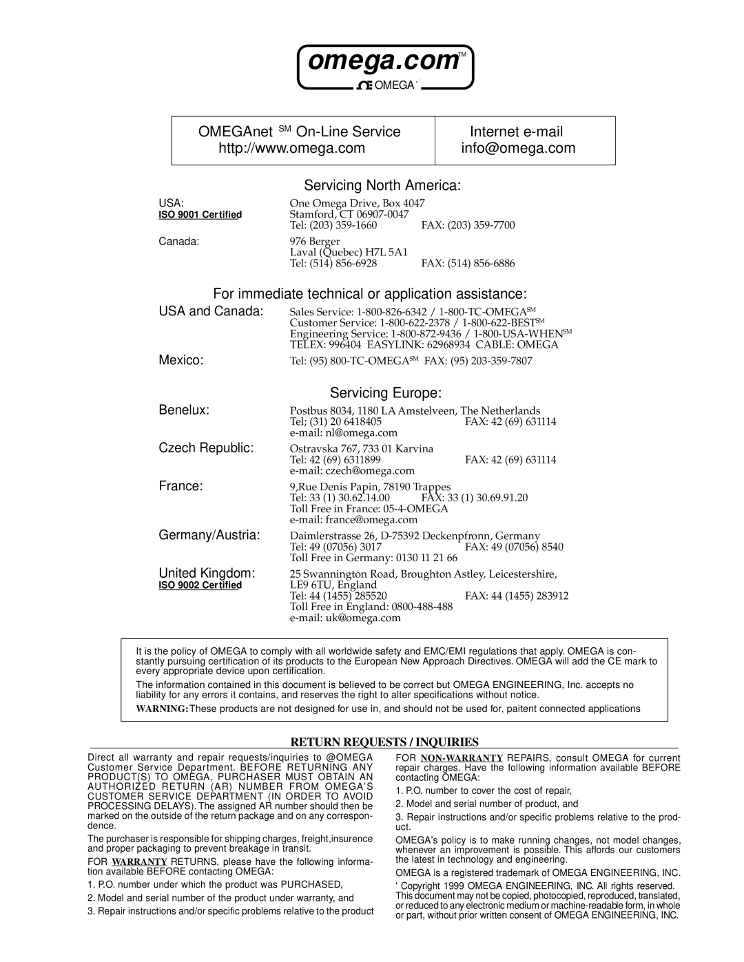 Omega Engineering PPP3P manual Omega.comTM, Return Requests / Inquiries 