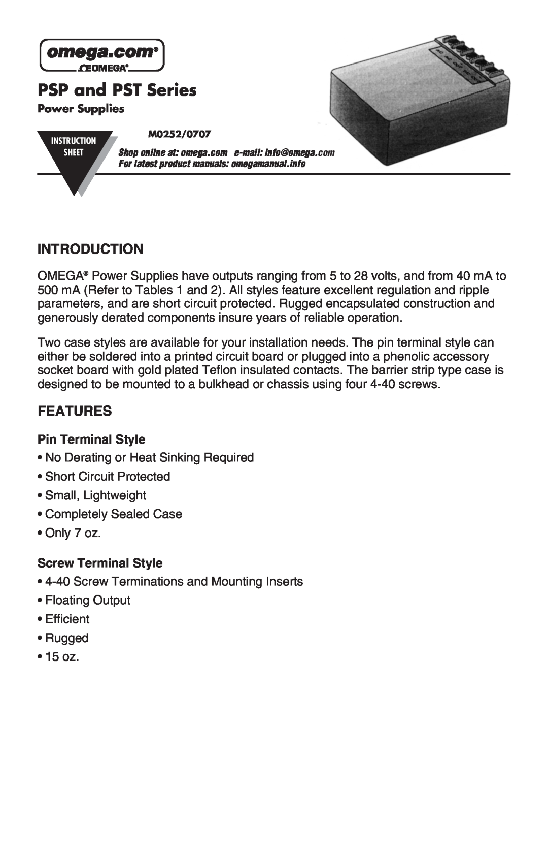 Omega Engineering instruction sheet Introduction, Features, PSP and PST Series 