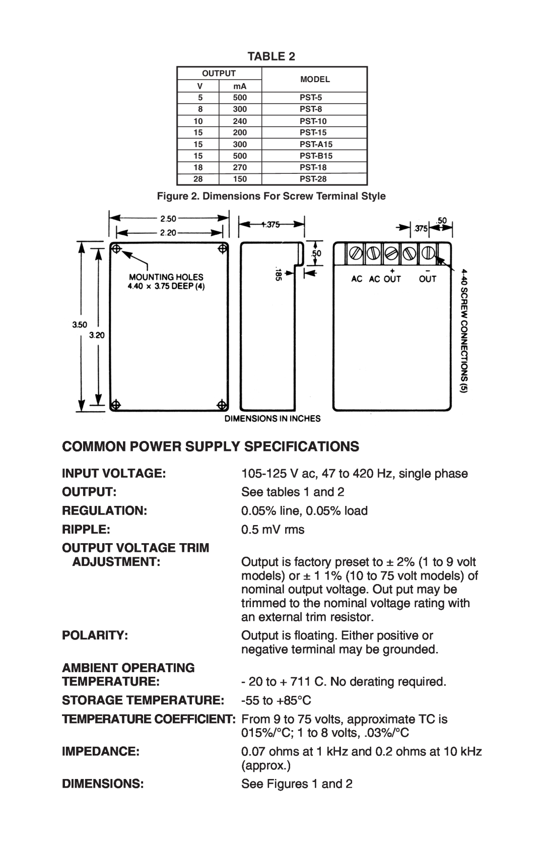 Omega Engineering PST, PSP instruction sheet Common Power Supply Specifications 
