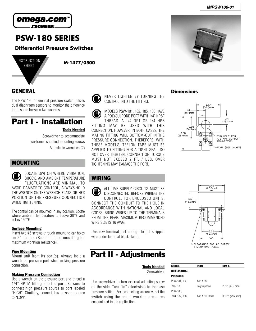 Omega Engineering PSW-180 dimensions Part I Installation, Part II Adjustments, General, Mounting, Wiring 