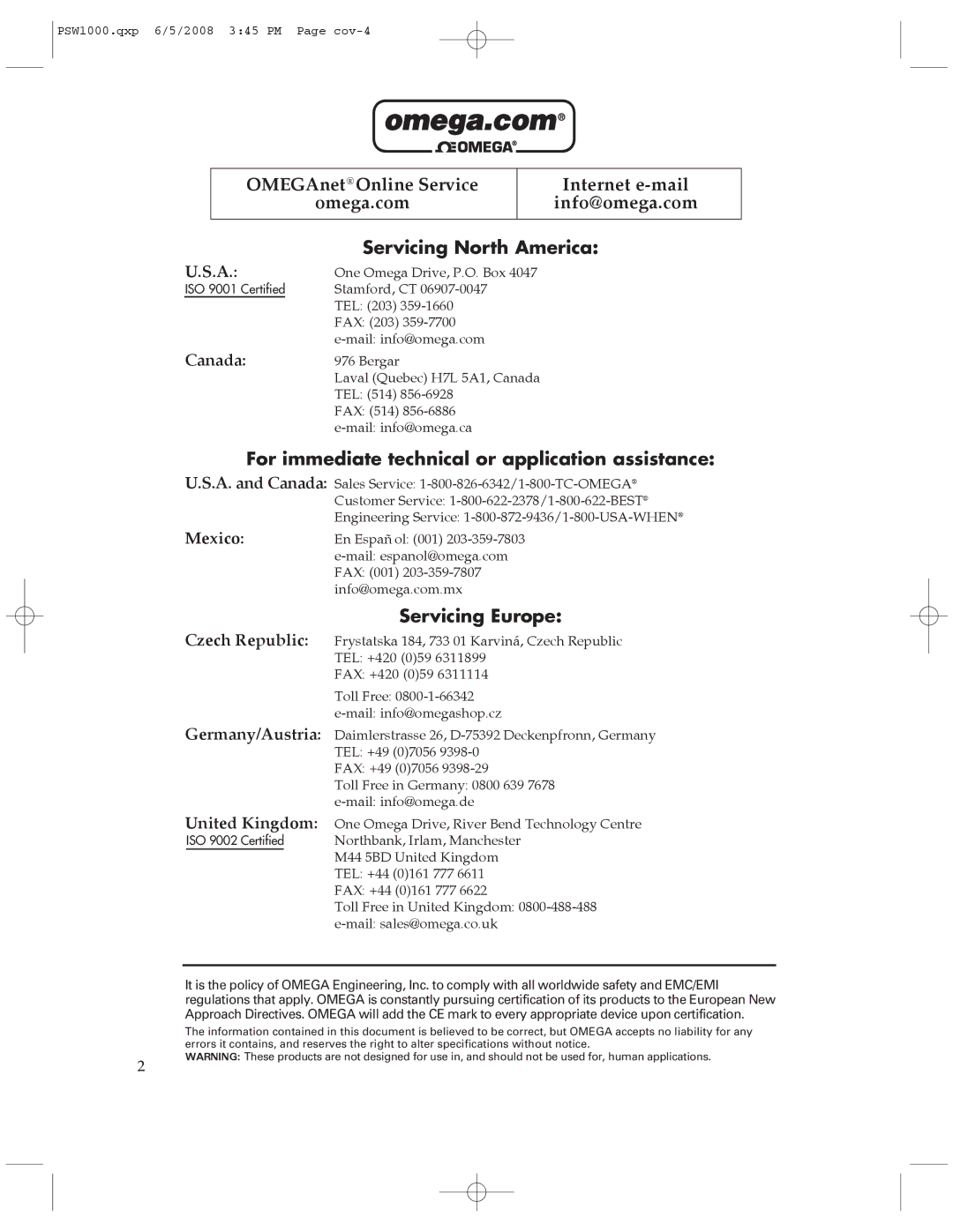 Omega Engineering PSW1000 manual Servicing North America 