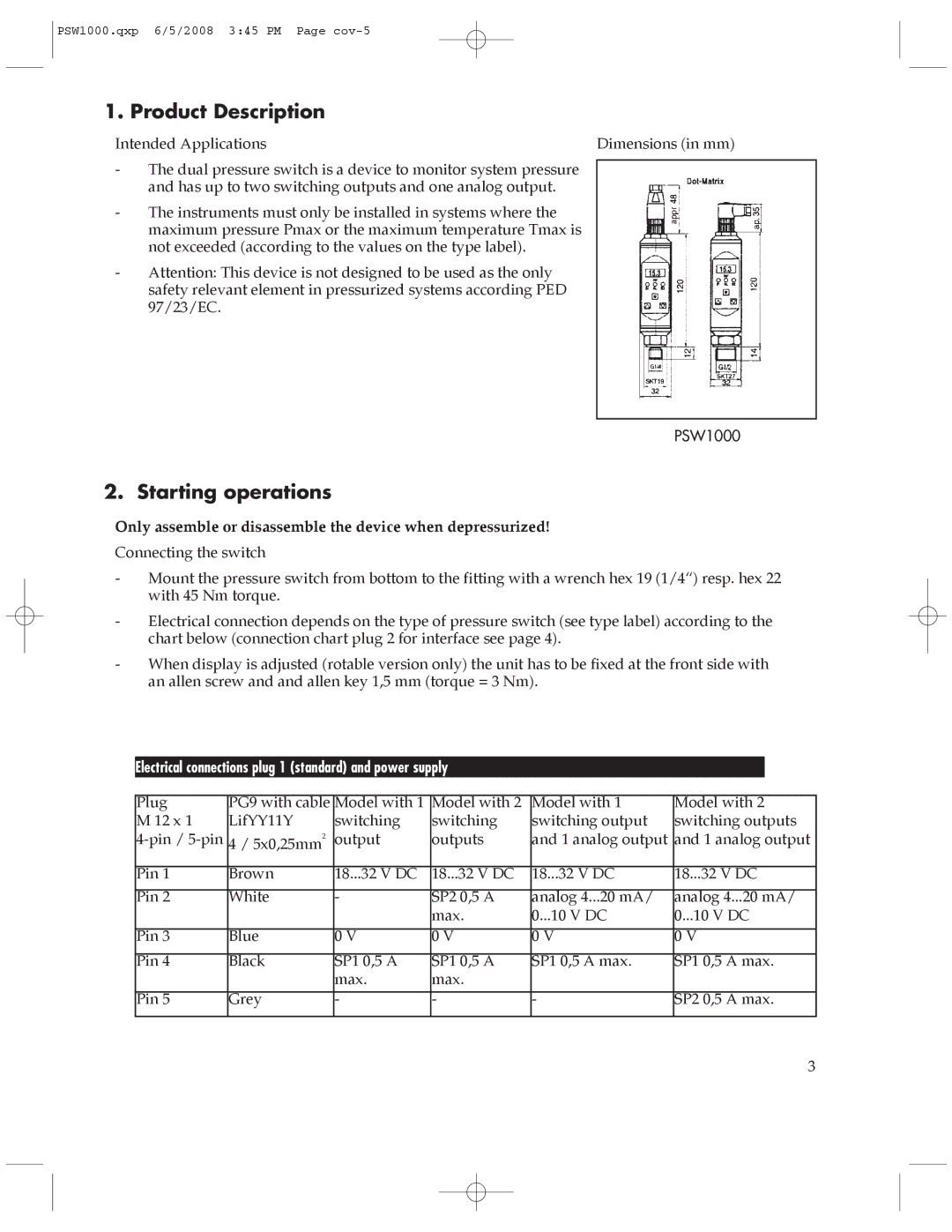 Omega Engineering PSW1000 manual Product Description, Starting operations 