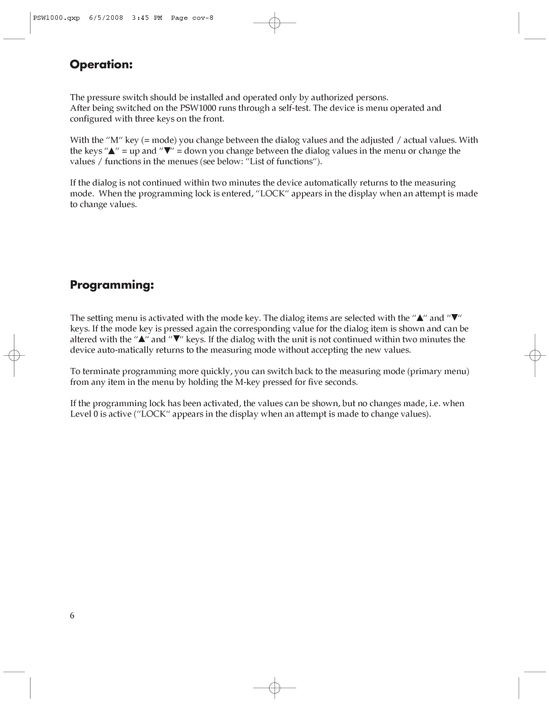 Omega Engineering PSW1000 manual Operation, Programming 