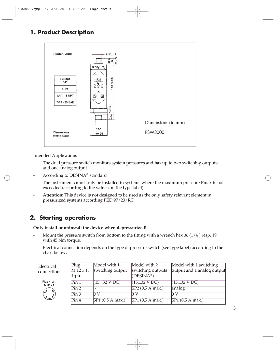 Omega Engineering PSW2000 manual Product Description, Starting operations 