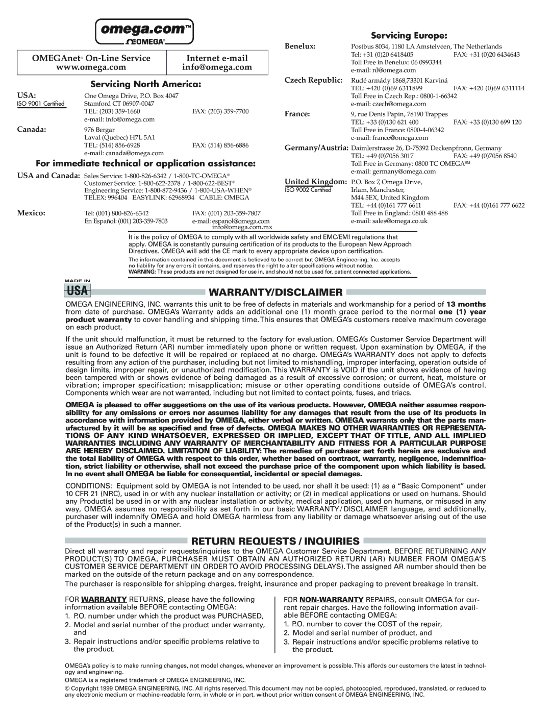 Omega Engineering PSW400 Servicing North America, For immediate technical or application assistance, Servicing Europe 