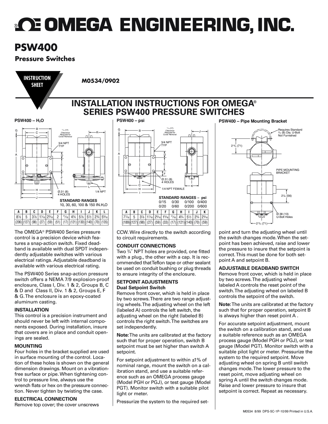 Omega Engineering instruction sheet INSTALLATION INSTRUCTIONS FOR OMEGA SERIES PSW400 PRESSURE SWITCHES, M0534/0902 