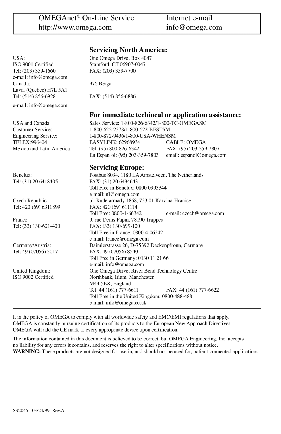 Omega Engineering PX2670 manual OMEGAnet On-Line Service Internet e-mail Info@omega.com 