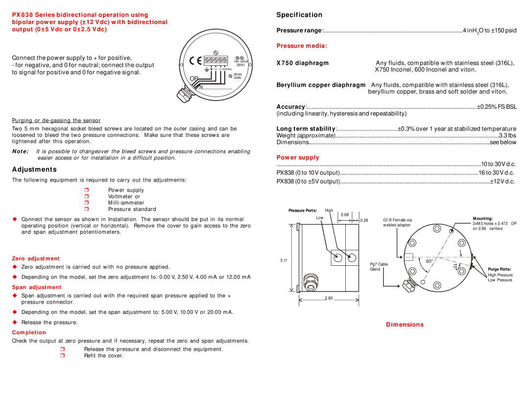 Omega Engineering PX838 manual Specification, Adjustments, X750 diaphragm 