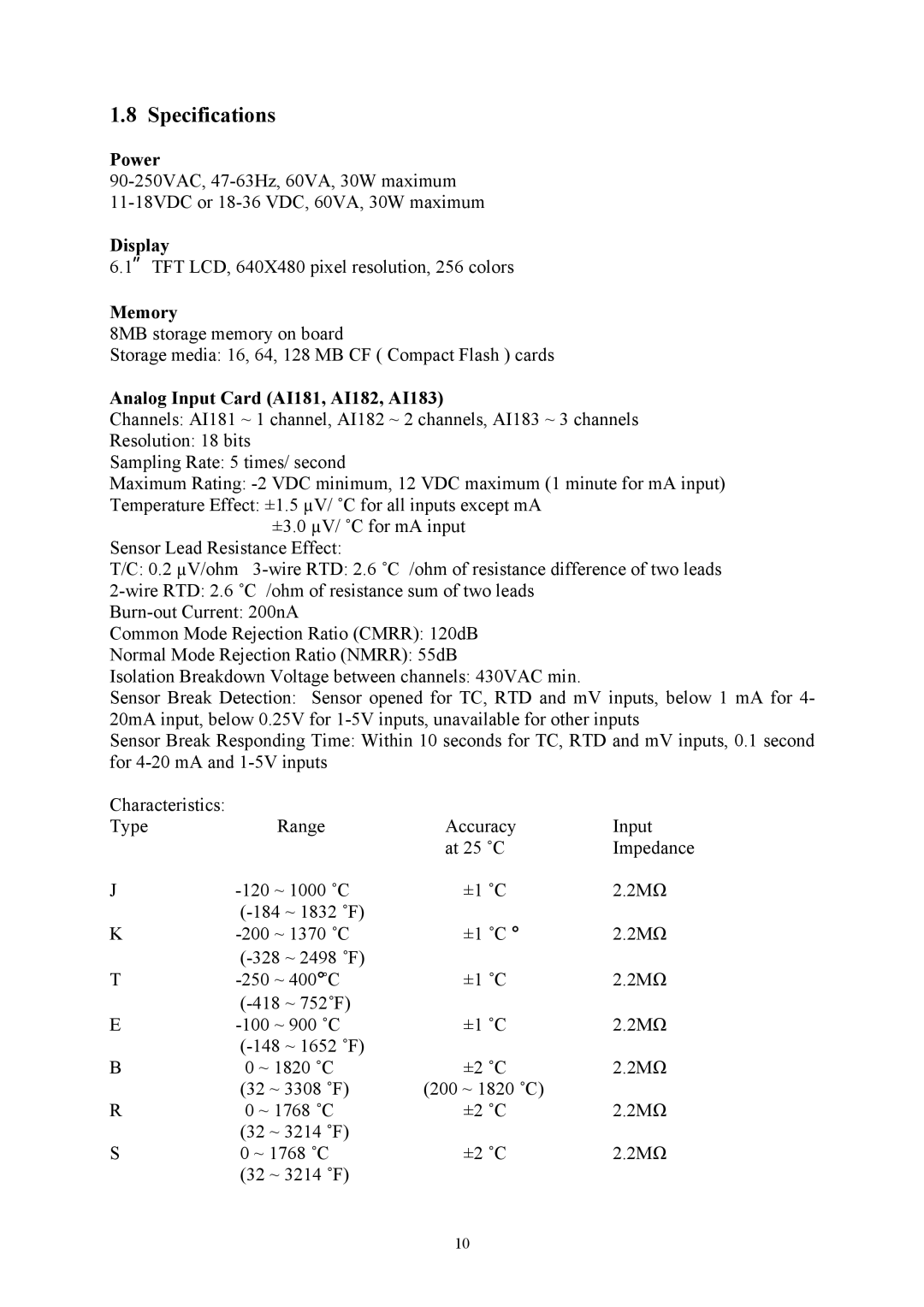 Omega Engineering RD8900 user manual Specifications, Power, Display, Memory, Analog Input Card AI181, AI182, AI183 