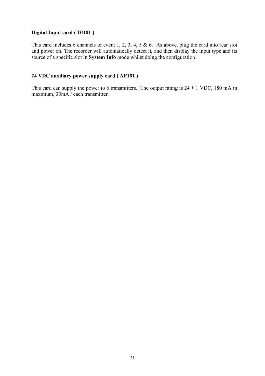 Omega Engineering RD8900 user manual Digital Input card DI181, VDC auxiliary power supply card AP181 