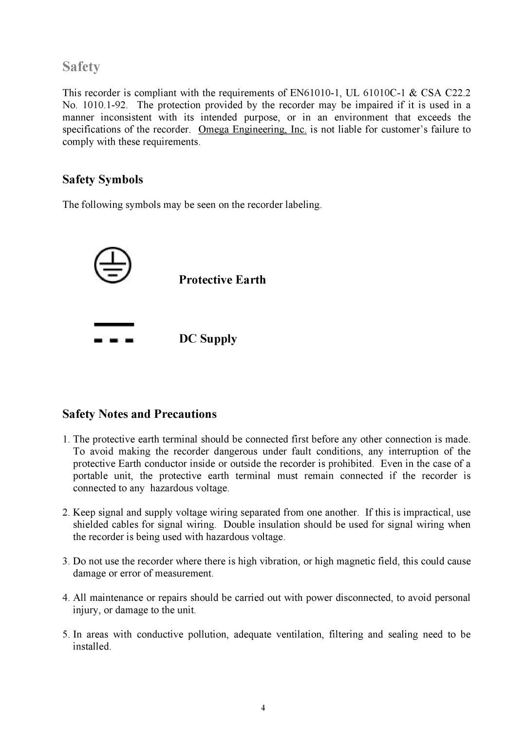 Omega Engineering RD8900 user manual Safety Symbols, Protective Earth DC Supply Safety Notes and Precautions 