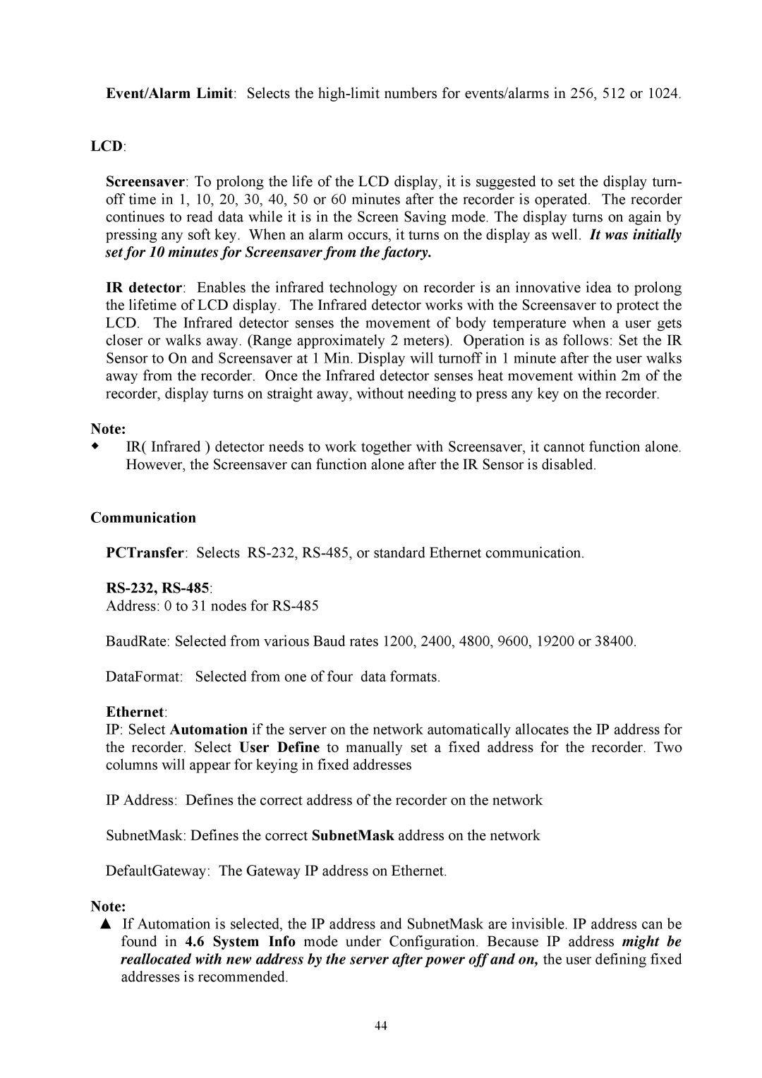 Omega Engineering RD8900 user manual Communication, RS-232, RS-485, Ethernet 