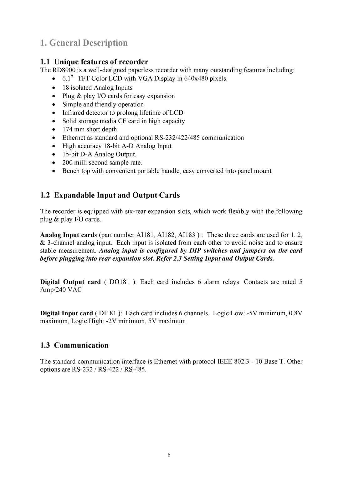 Omega Engineering RD8900 user manual General Description, Unique features of recorder, Expandable Input and Output Cards 