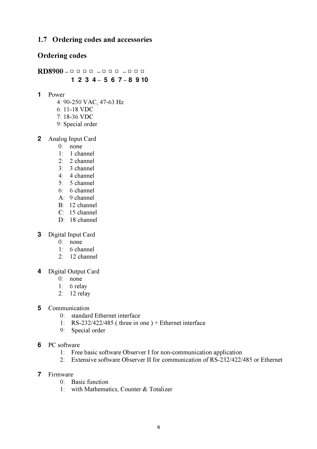 Omega Engineering user manual Ordering codes and accessories Ordering codes RD8900 耟- 耟- 耟 