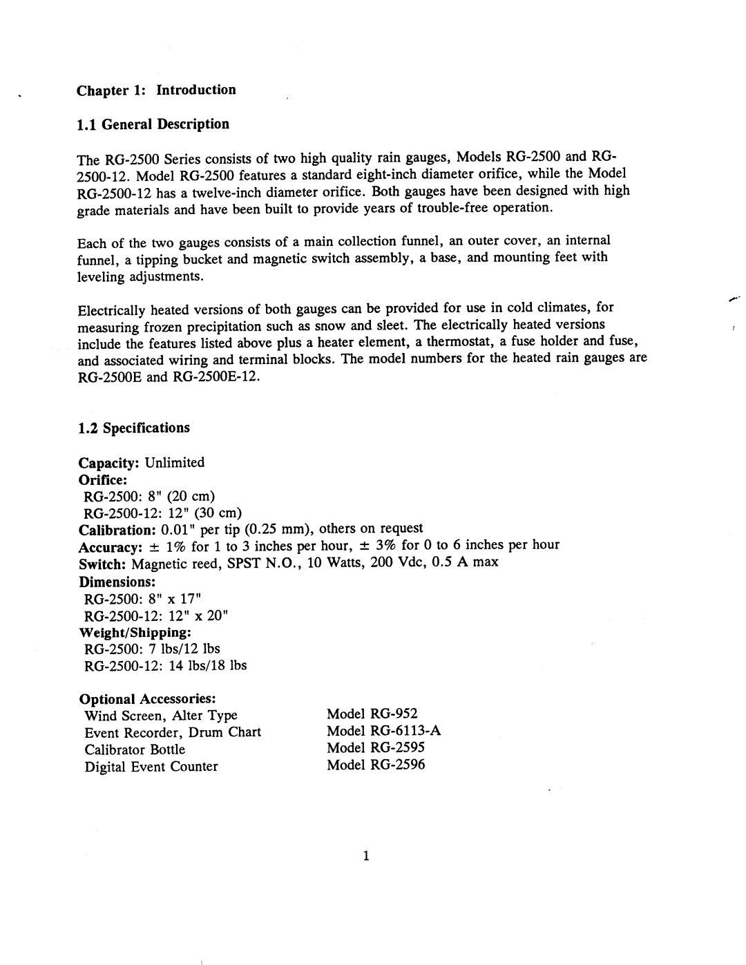 Omega Engineering RG-2500 manual Introduction General Description, Specifications Capacity Unlimited Orifice, Dimensions 