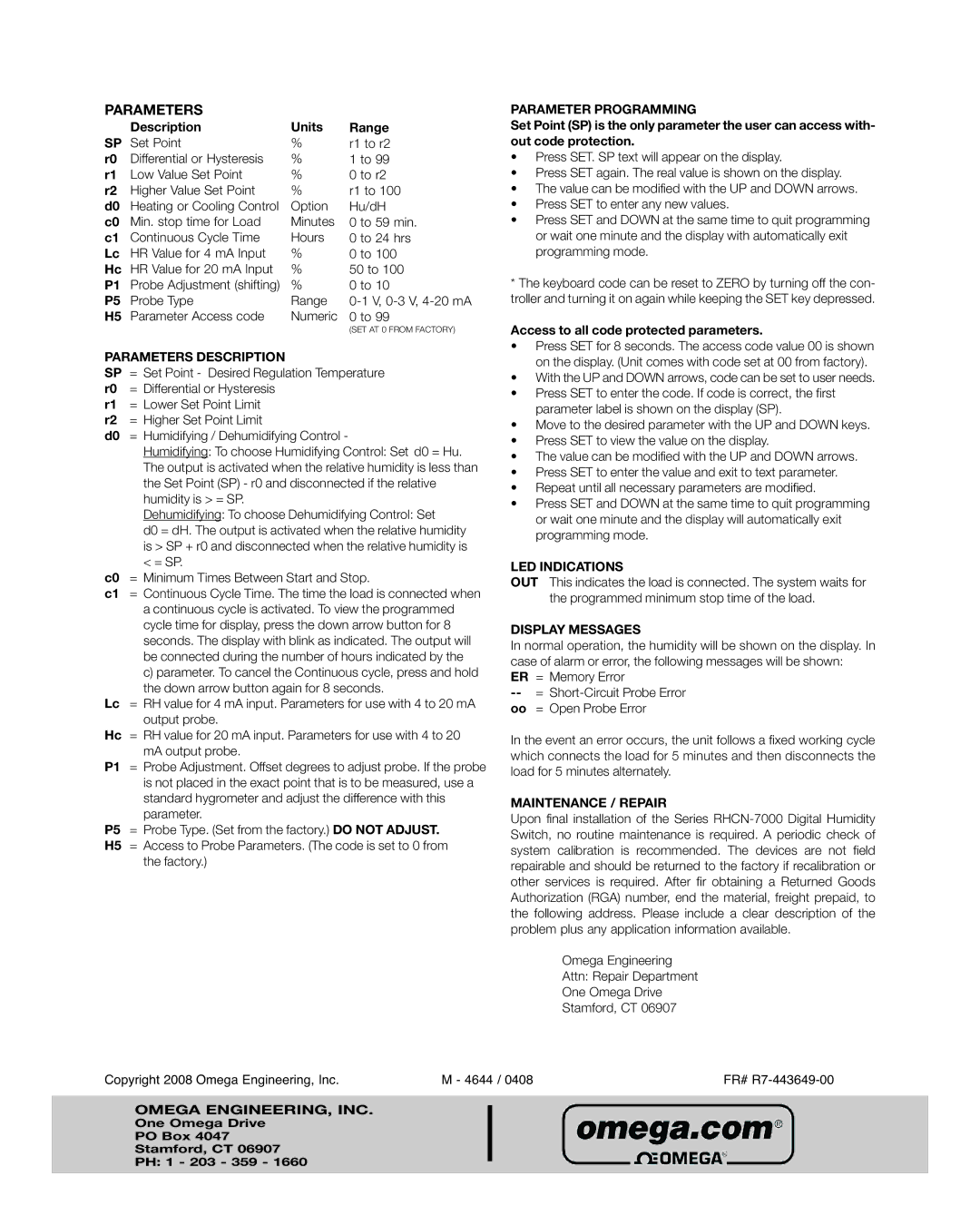 Omega Engineering RHCN-7000 specifications Parameters 