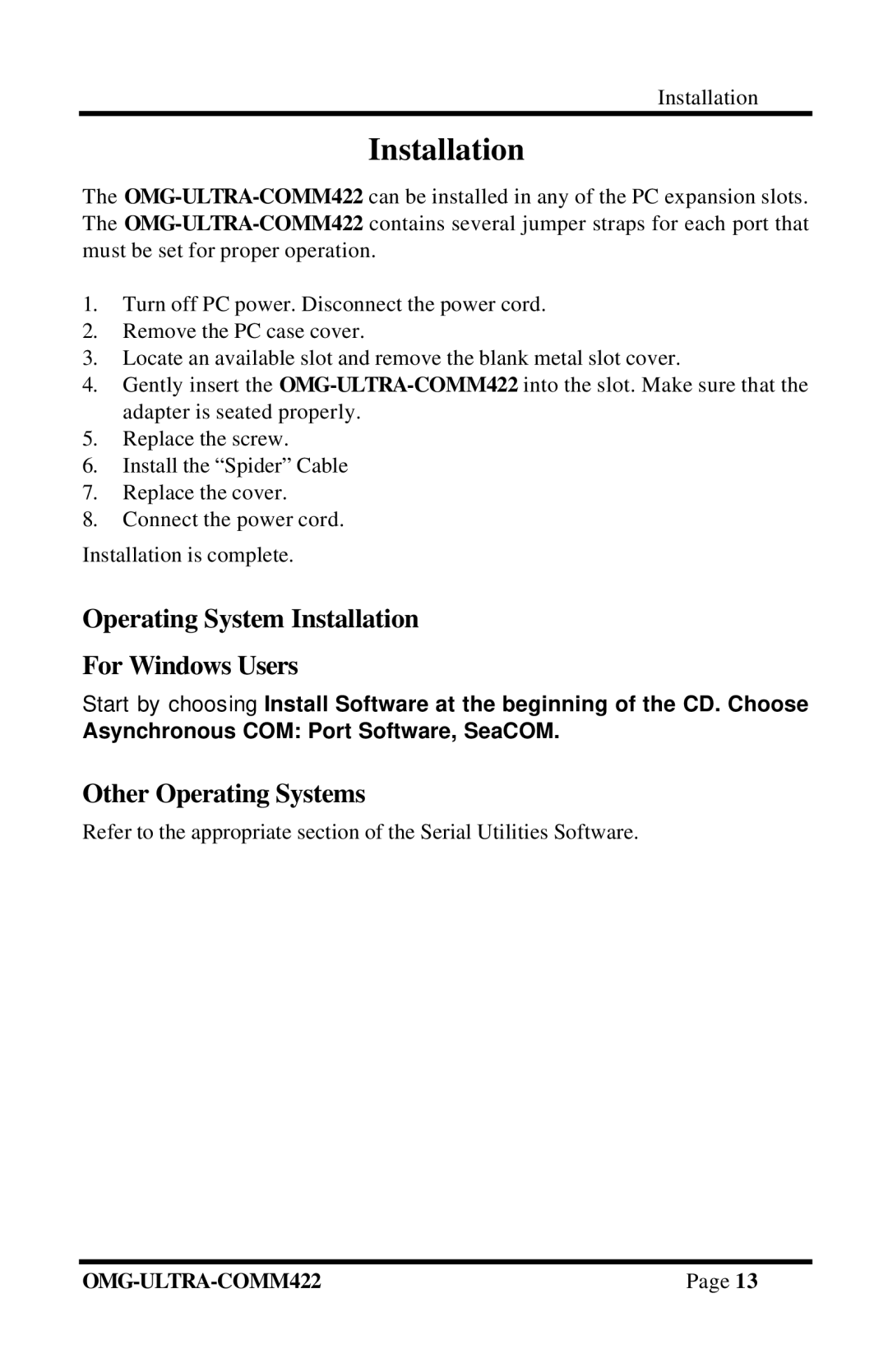 Omega Engineering RS-422/485 manual Operating System Installation For Windows Users, Other Operating Systems 