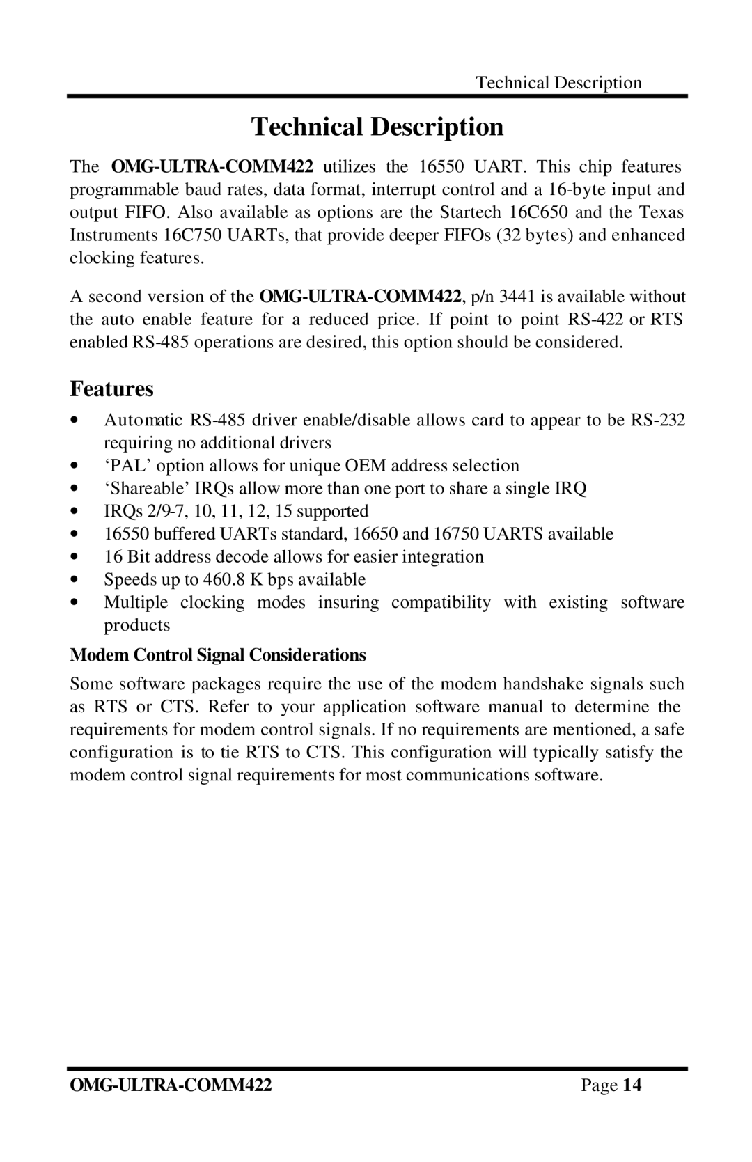 Omega Engineering RS-422/485 manual Technical Description, Features, Modem Control Signal Considerations 