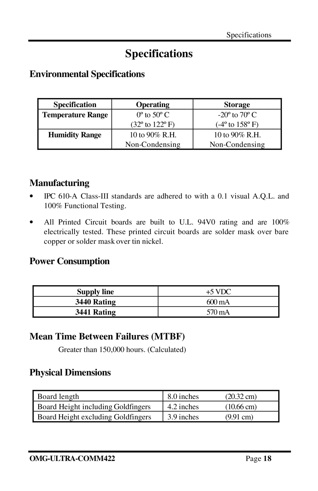 Omega Engineering RS-422/485 manual Specifications 