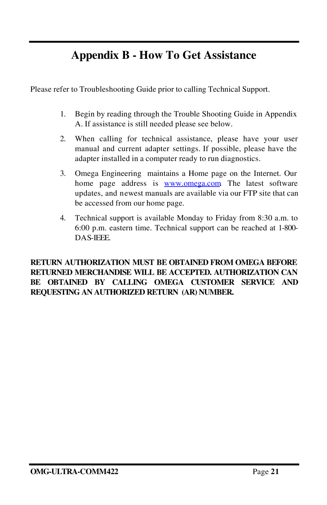 Omega Engineering RS-422/485 manual Appendix B How To Get Assistance 